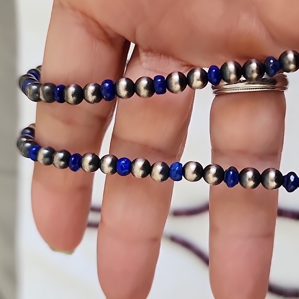 SOLD Navajo lapis and sterling  Beaded Necklace - Picture 3 of 3
